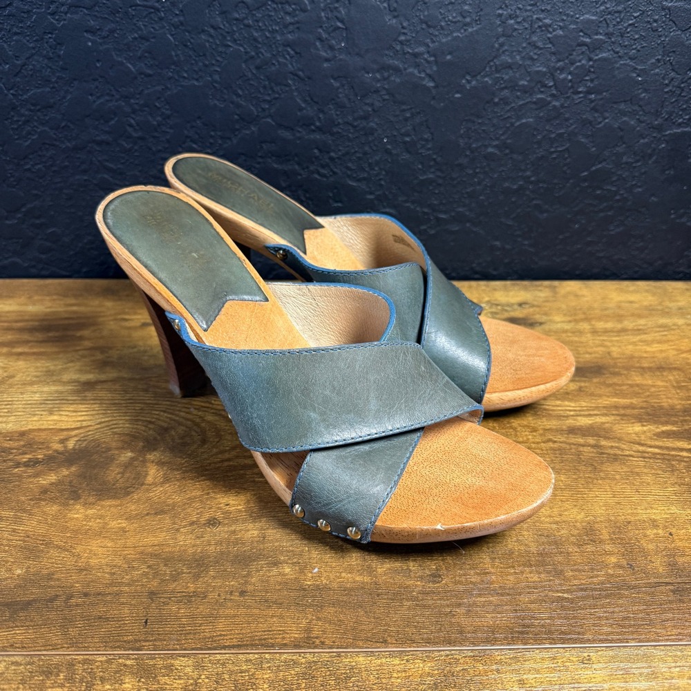 Michael Michael Kors Leather Wood Platform Crisscross Clog Sandals Blue Gray 10M